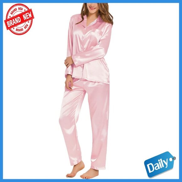 Other - Long Sleeve Satin Pajama Set with Pocket, Button Down Sleepwear